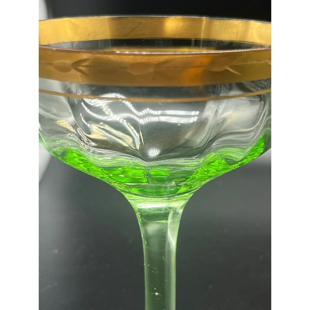 Vtg‎ Gold Rimmed Green Cocktail sherbet Glasses Vaseline Uranium 30's set 5 READ